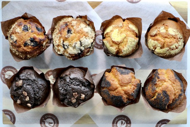 Bread Care Package: 2 pieces 1/2 loaf of 7 grain bread, 15 Bagels (5 Sesame 5 Everything 5 Plain) and 8 Muffins (2 Blueberry, 2 Double Chocolate, 2 Corn, 2 Lemon Poppy) - #shop_#breadsDavidovich Bakery